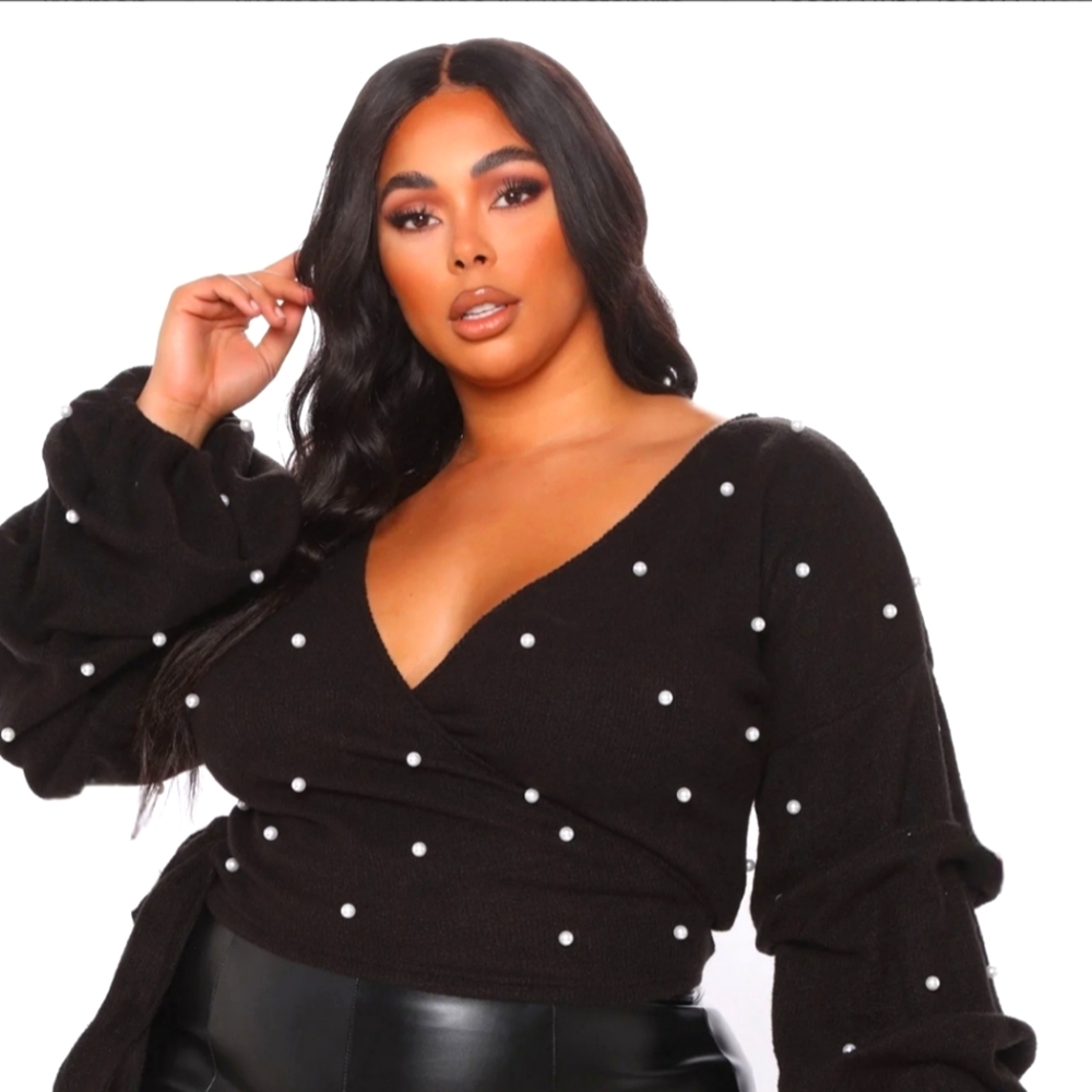 Fashion Nova Black White Synthetic Pearl Wrap Sweater